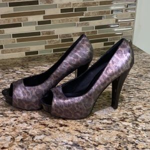 Metallic animal print peep toe heels